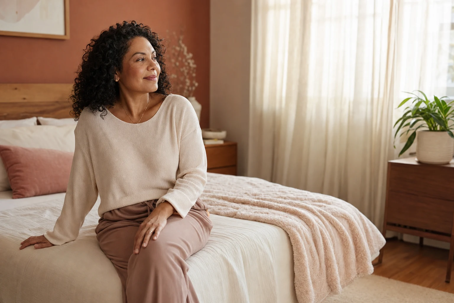 Mujer adulta sonriendo con tranquilidad en una habitación iluminada