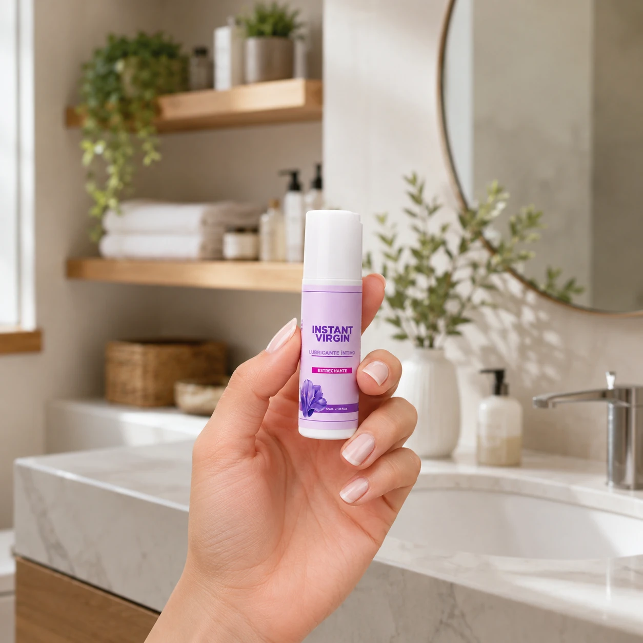 Mano sosteniendo un frasco de Instant Virgin en un baño iluminado