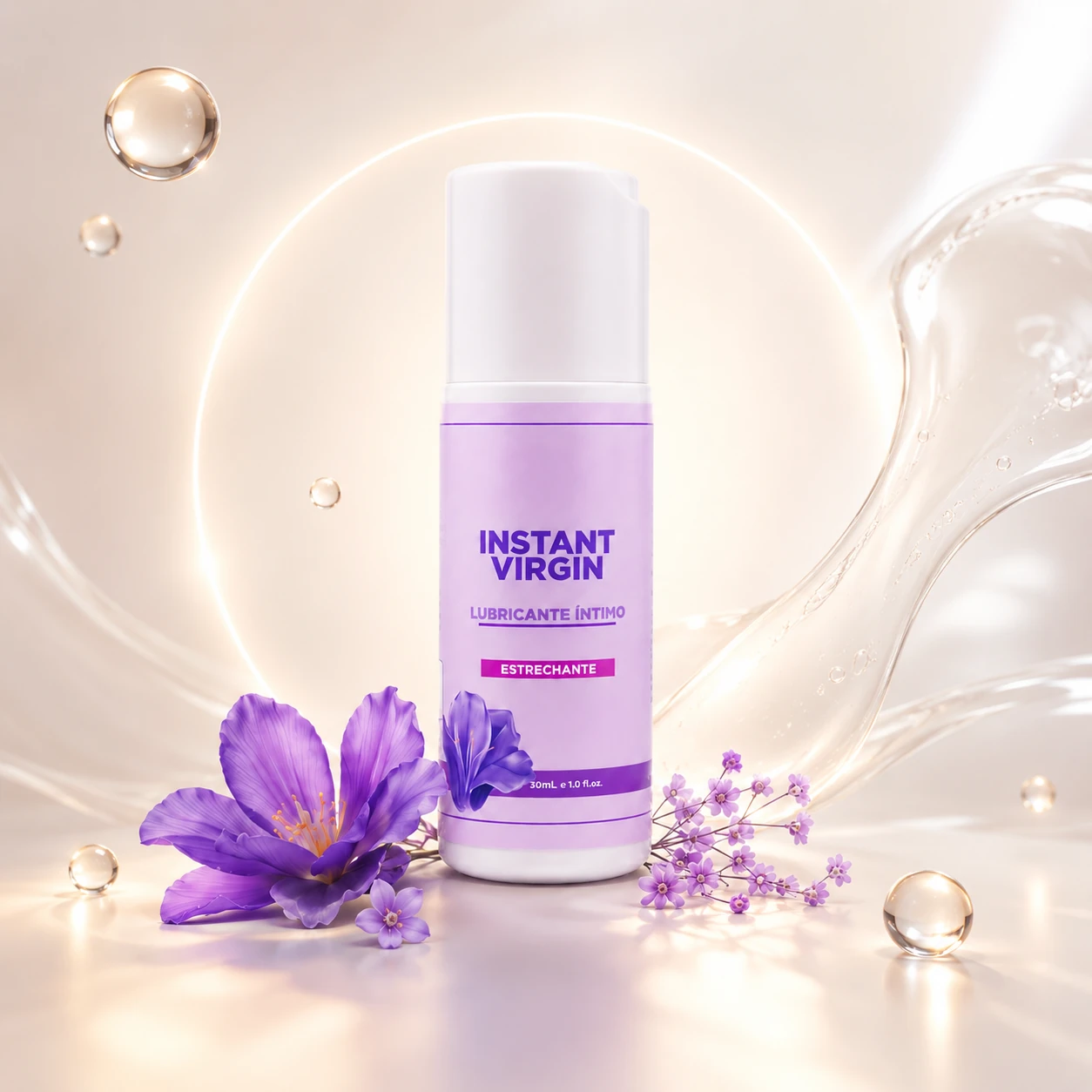Frasco de Instant Virgin en un escenario premium con gel transparente